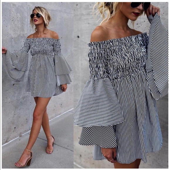 Tops - ~1 left~Off Shoulder Striped Party Pattern